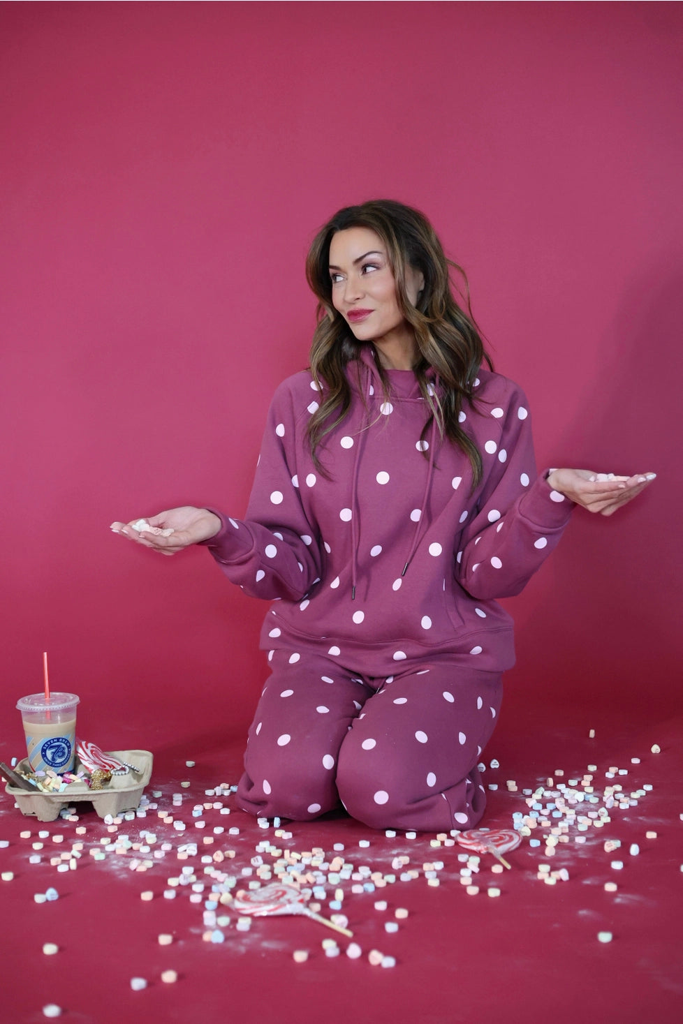PREORDER: Maroon Pink Polka Dot Sweatsuit Set - Hoodie & Sweatpants / ARRAY by Poppy and Pine (ETA: October)