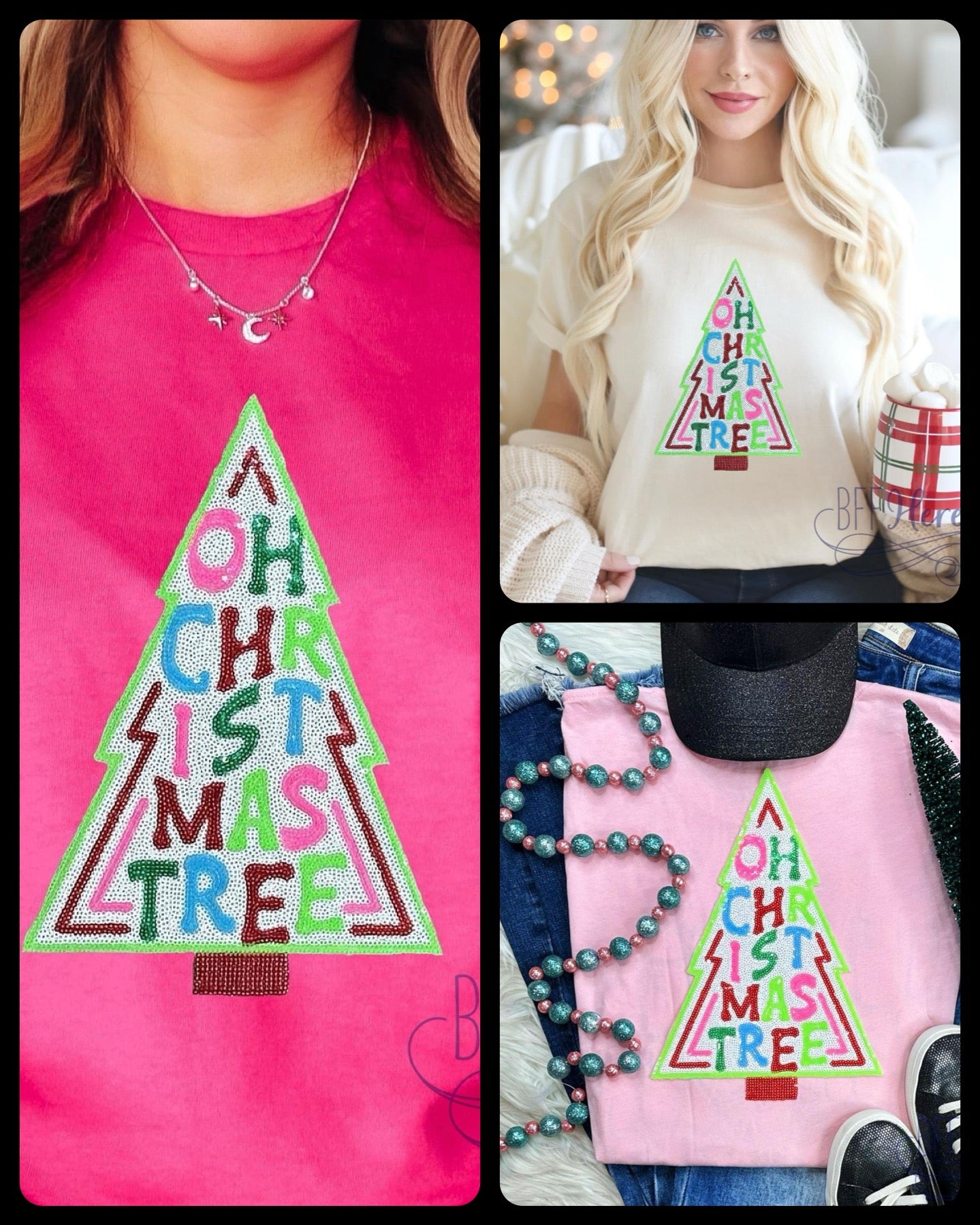 PREORDER: Glimmering Grove: 'Oh Christmas Tree' Sequin Patch Tee / Choice of Color (Ships Middle of November) - BFF Here