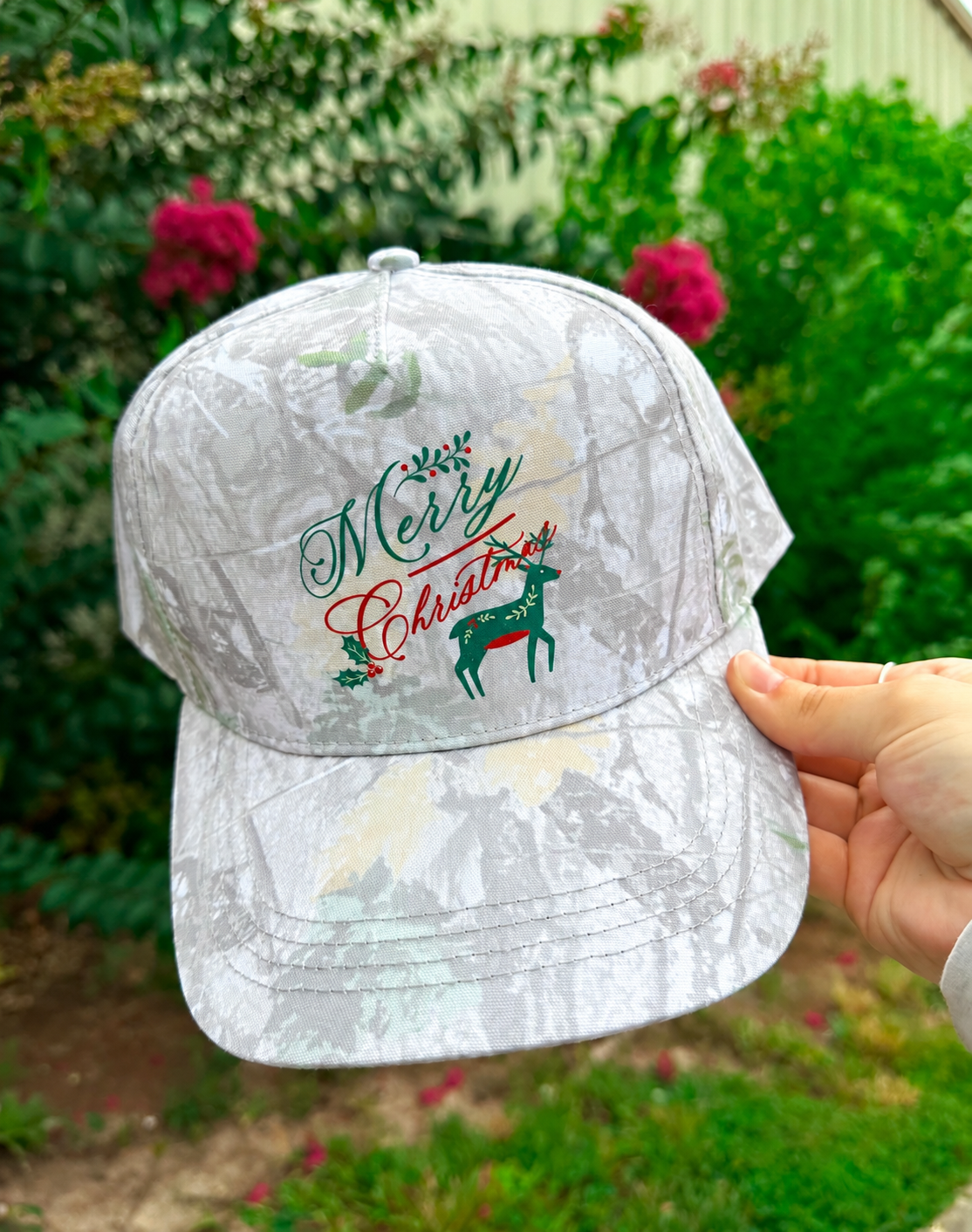 Vintage Merry Christmas with Reindeer Washed Camo Canvas Trucker / ARRAY by Southern Bliss (Ships 2-3 weeks)