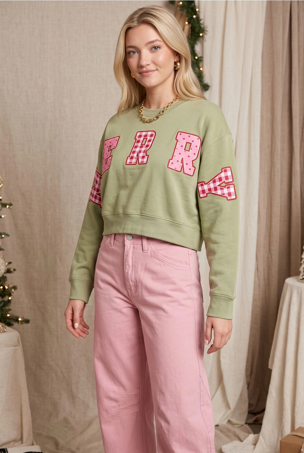 Merry Christmas Patch Pistachio Crop Sweatshirt / ARRAY by Southern Bliss (Ships 2-3 weeks)