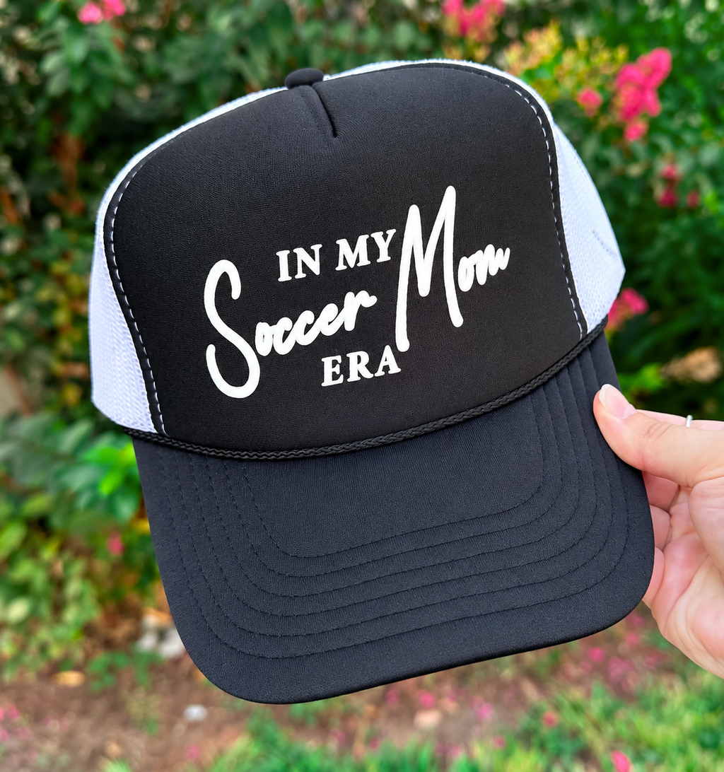In My Soccer Mom Era Black/White Trucker Hat / ARRAY by Southern Bliss (Ships 2-3 weeks)