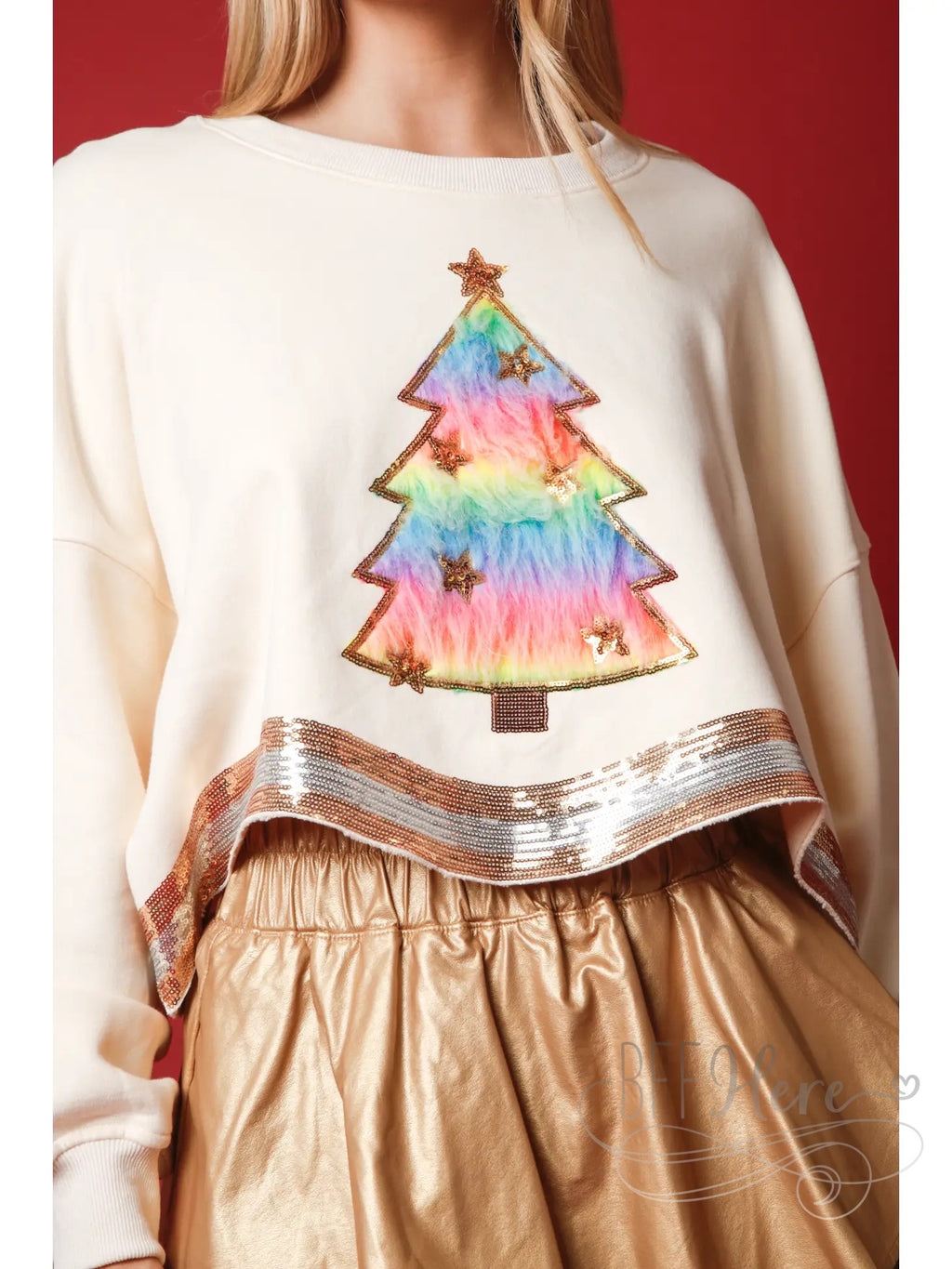 Shimmer & Cozy: Sequin-Trimmed Christmas Tree Faux Fur Sweatshirt - BFF Here