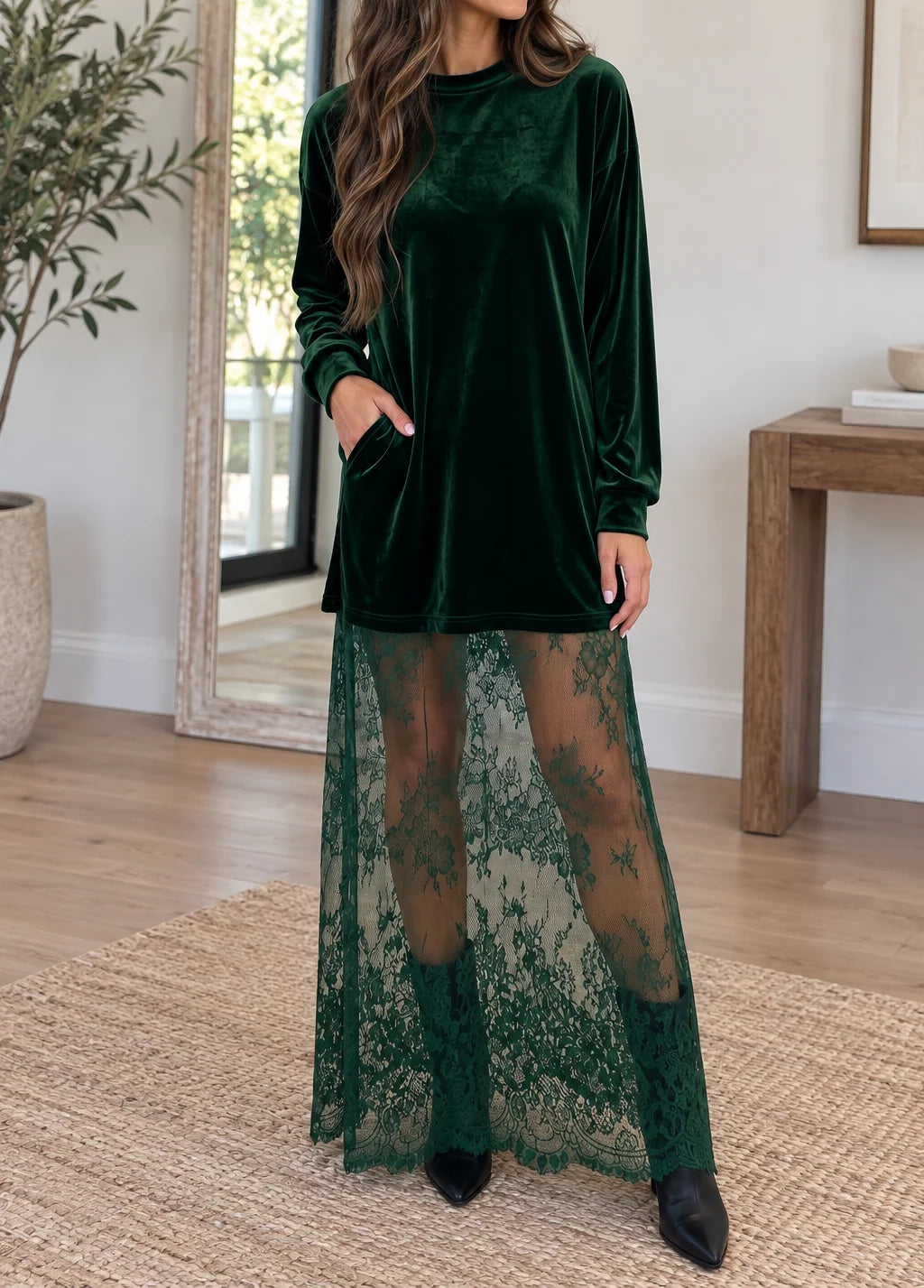 PREORDER: Emerald After Dark Velvet & Lace Dress (ETA: November)