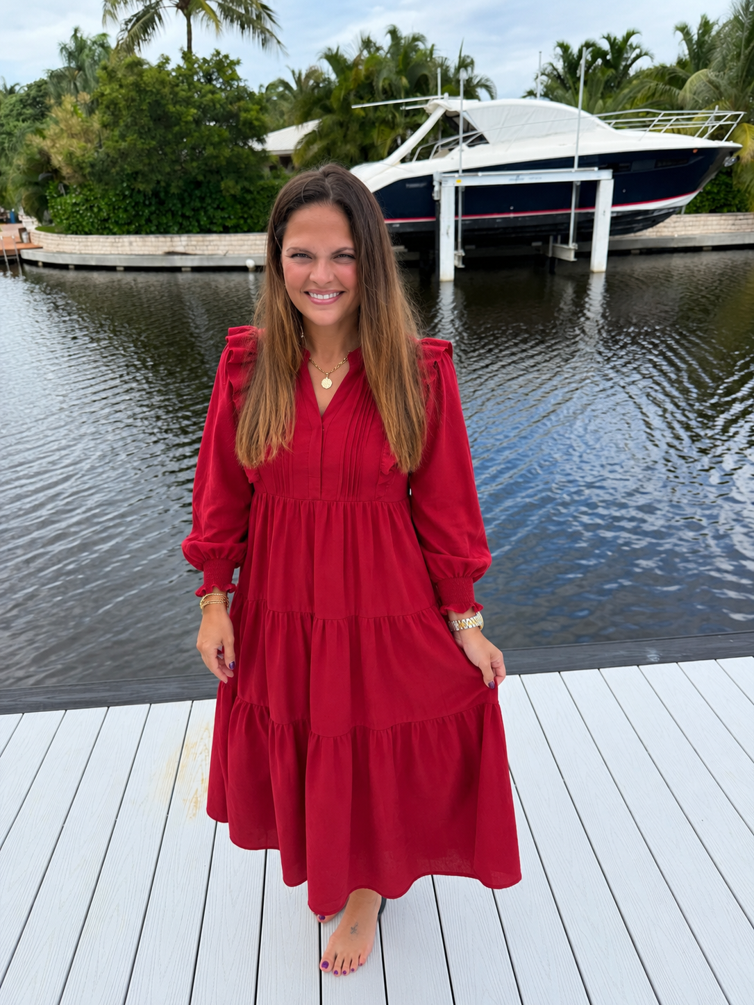 PREORDER: Crimson Charm Ruffle Midi Dress (ETA: November)