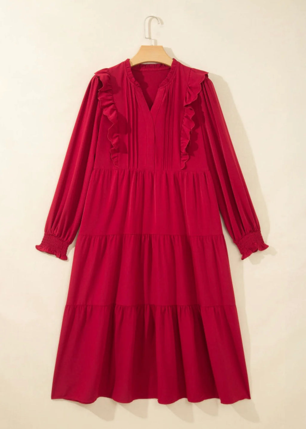 PREORDER: Crimson Charm Ruffle Midi Dress (ETA: November)