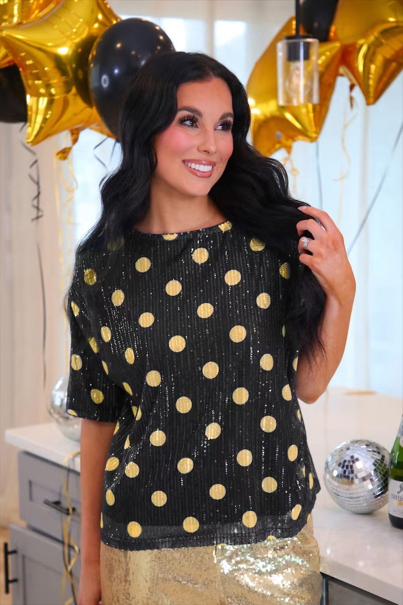 PREORDER: Polka Dot Pop Sequin Top / Black & Gold by Jess Lea (ETA: November)