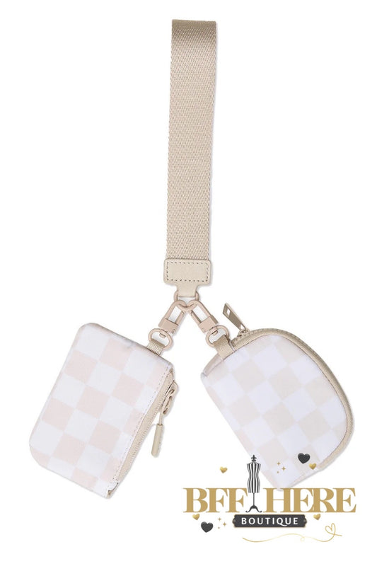 Double Pouch Wristlet, Neutral Check by Jess Lea