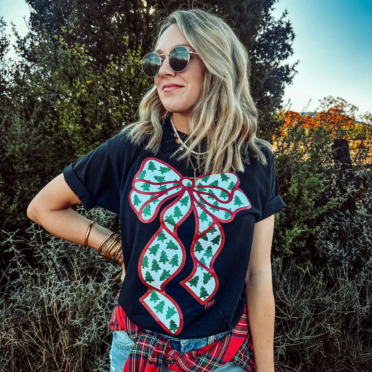 Glitter Bow With Tiny Trees Tee - BFF Here