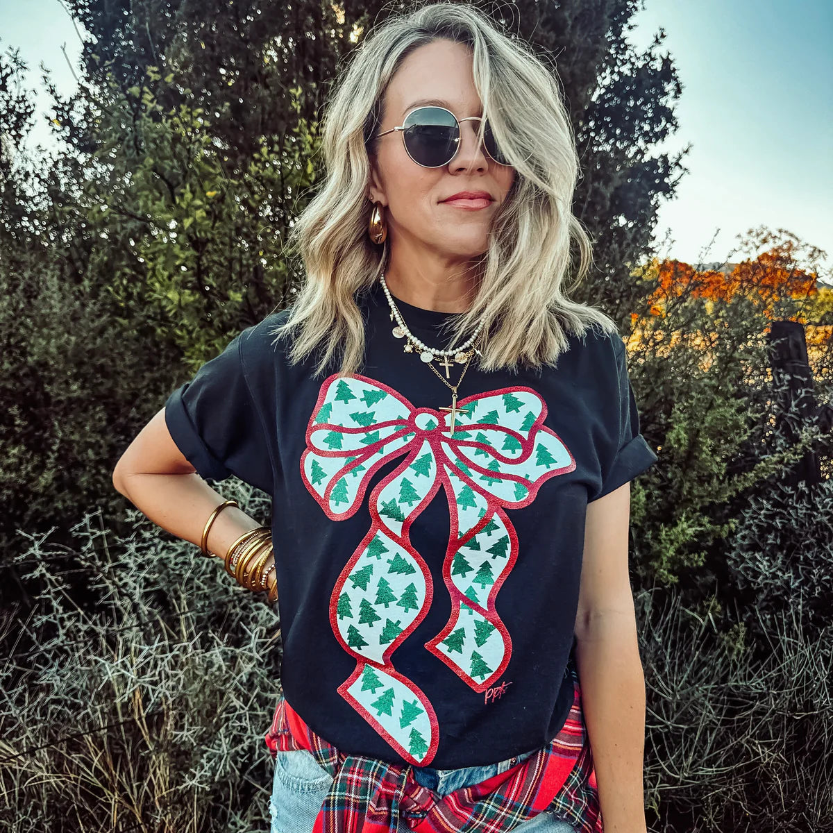 Glitter Bow With Tiny Trees Tee - BFF Here