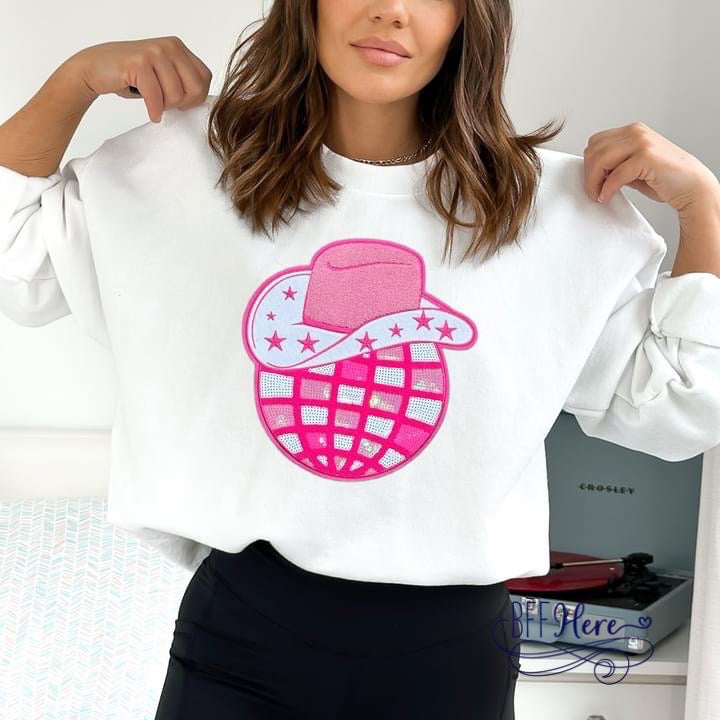 Rodeo Sparkle: Cowboy Hat & Sequin Disco Ball Sweatshirt - BFF Here