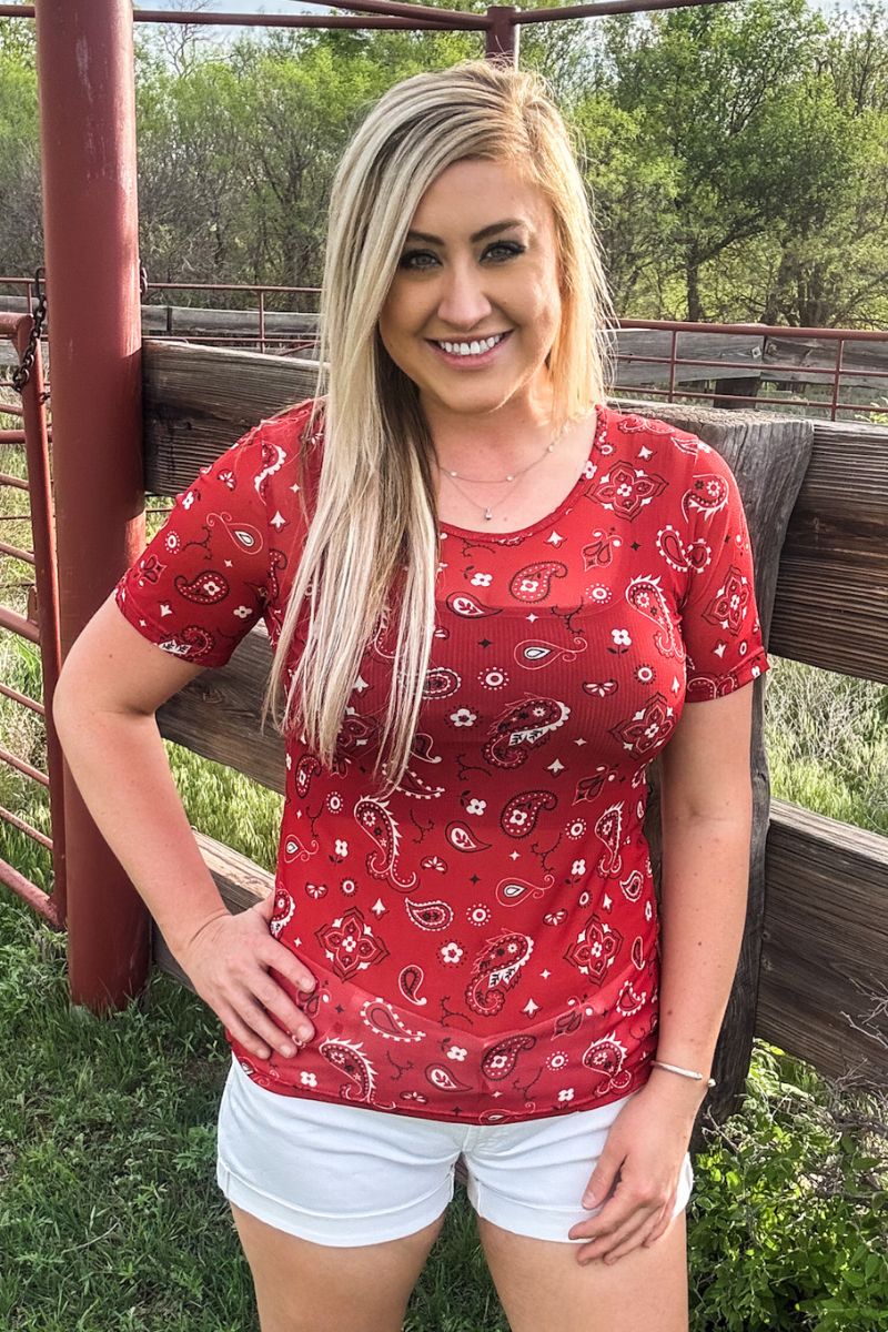 Bandana Babe Mesh Short Sleeve Top / Red by Sterling Kreek - BFF Here