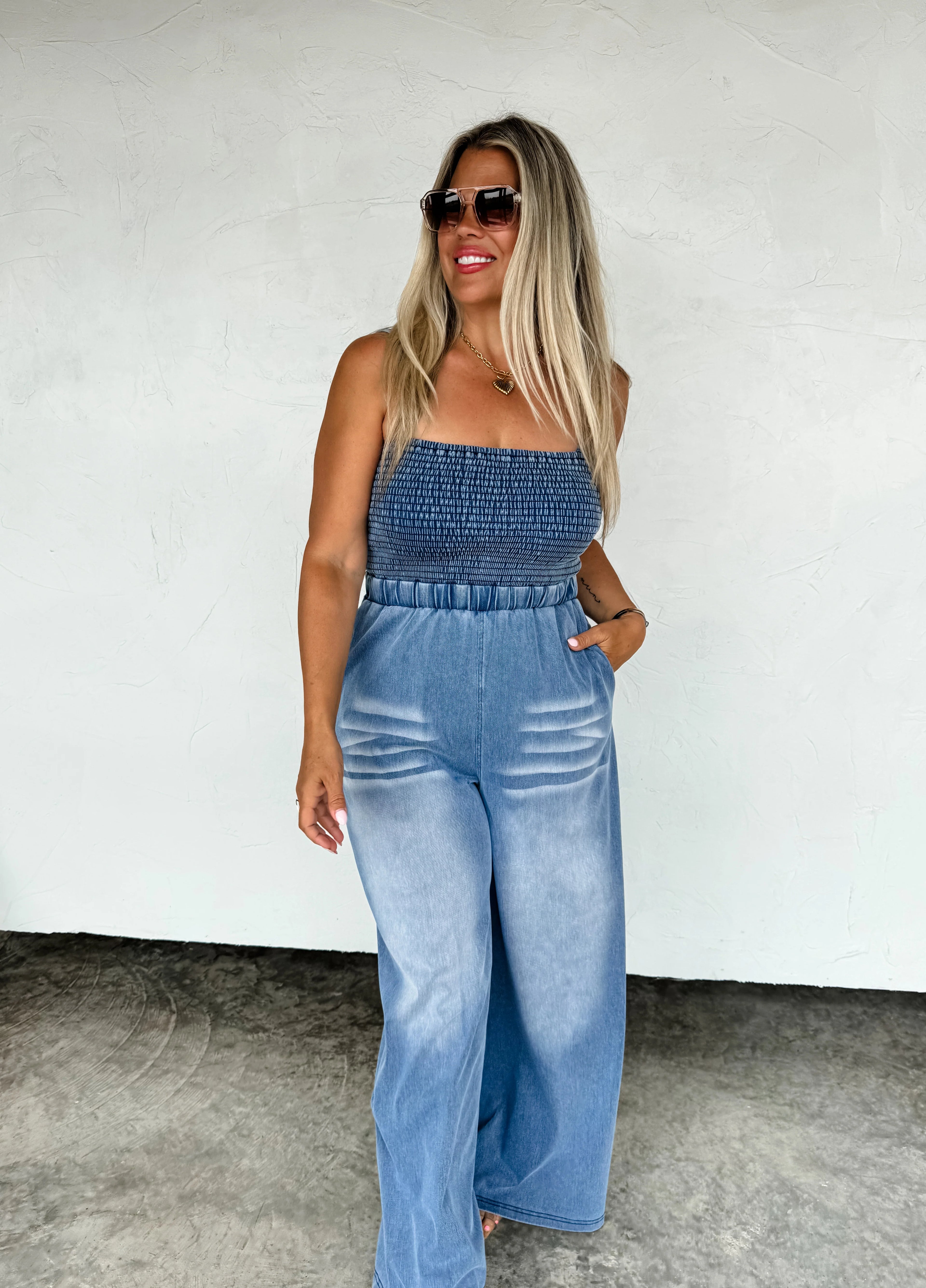 Denim Crush Smocked Romper by Blakeley - BFF Here