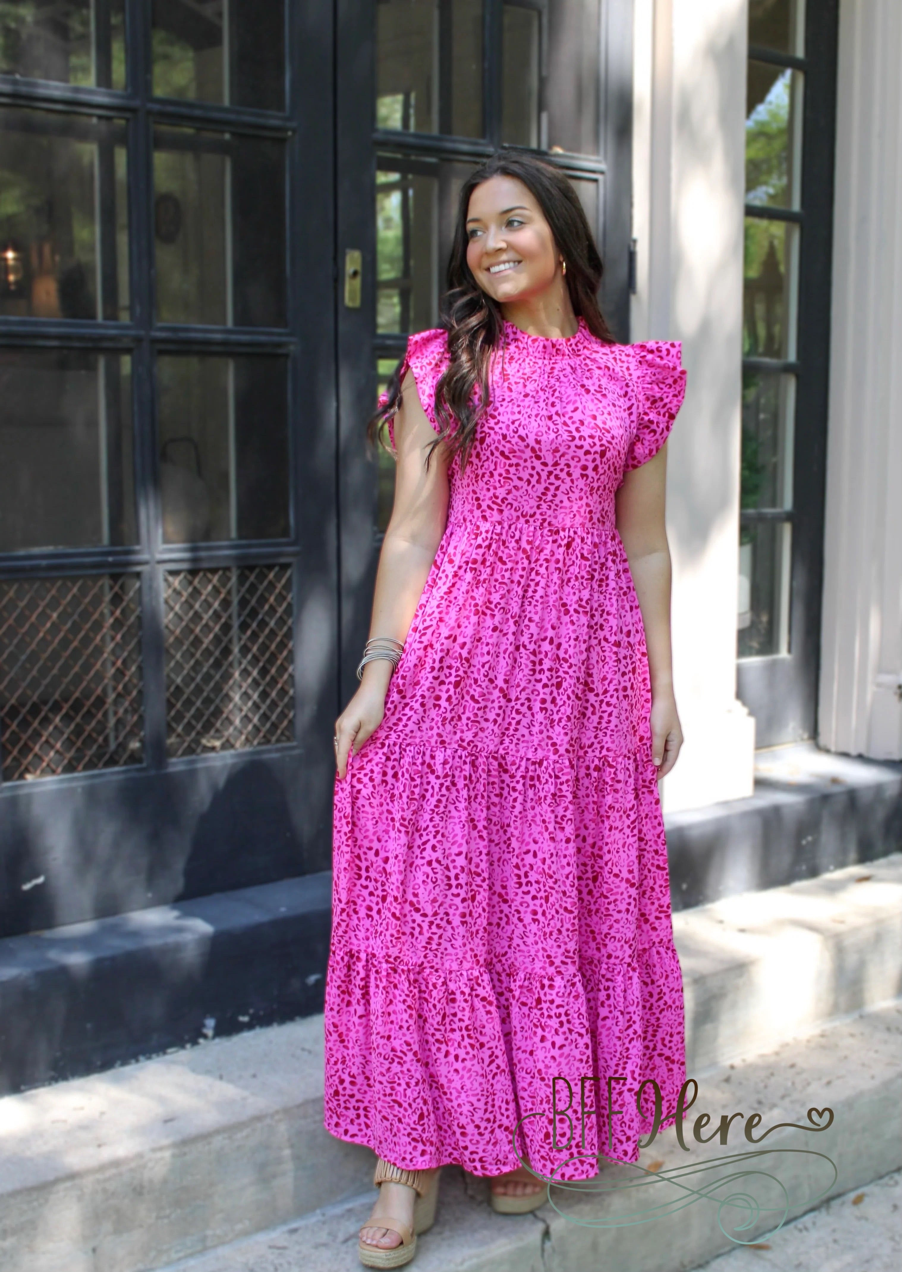 Fuchsia Fierce: Ruffled Leopard Maxi Dress - BFF Here