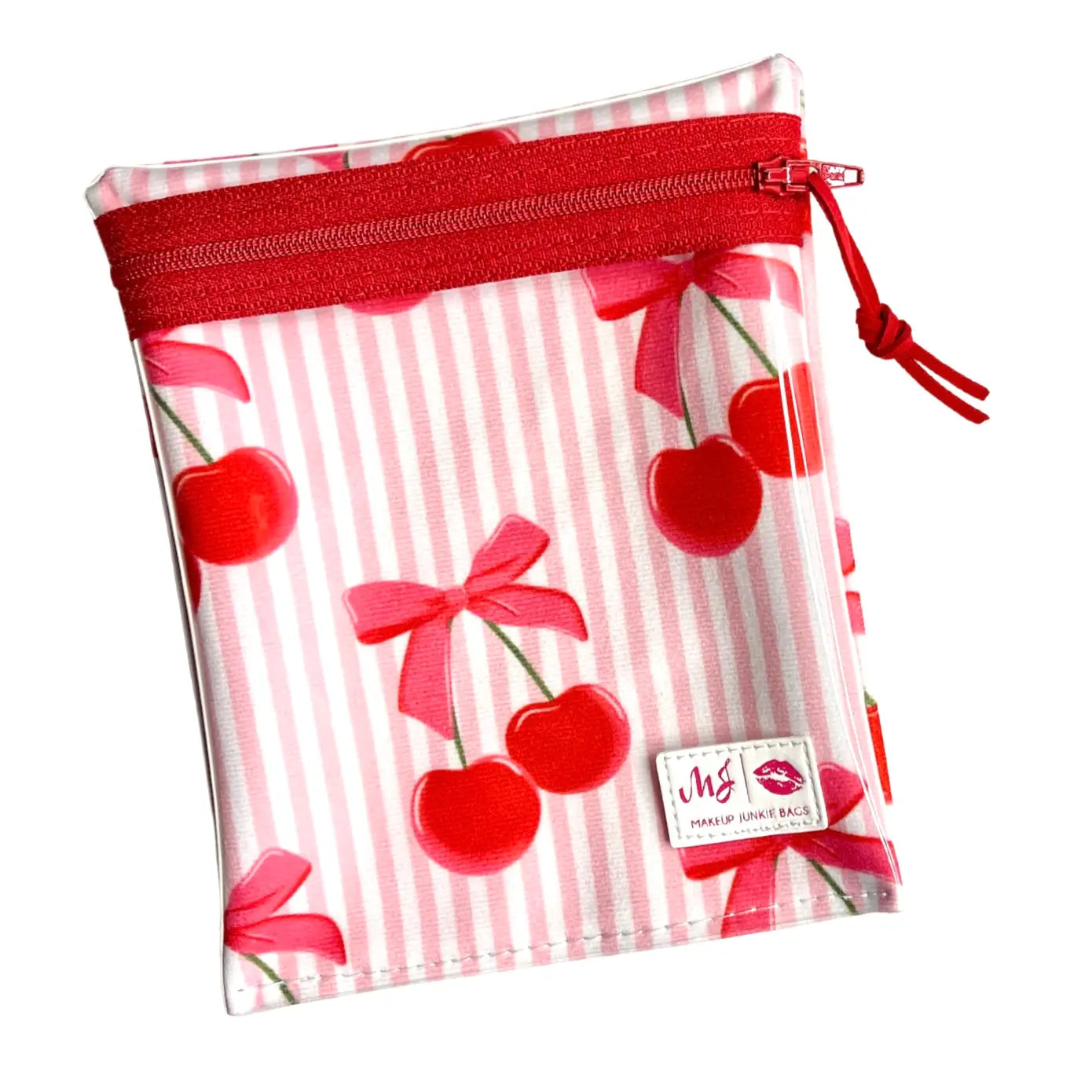 Multi-Use Clear Front Pouch / Red Pinstriped Cherry by Makeup Junkie Bags - BFF Here