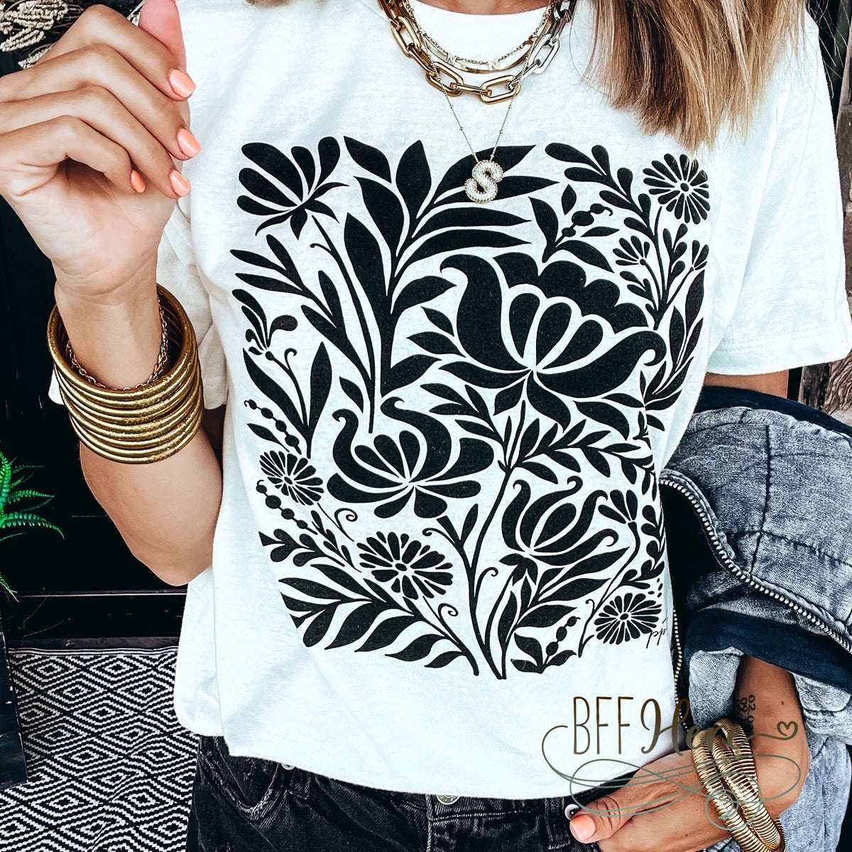 Botanical Beauty: Bold Black Floral Tee - BFF Here