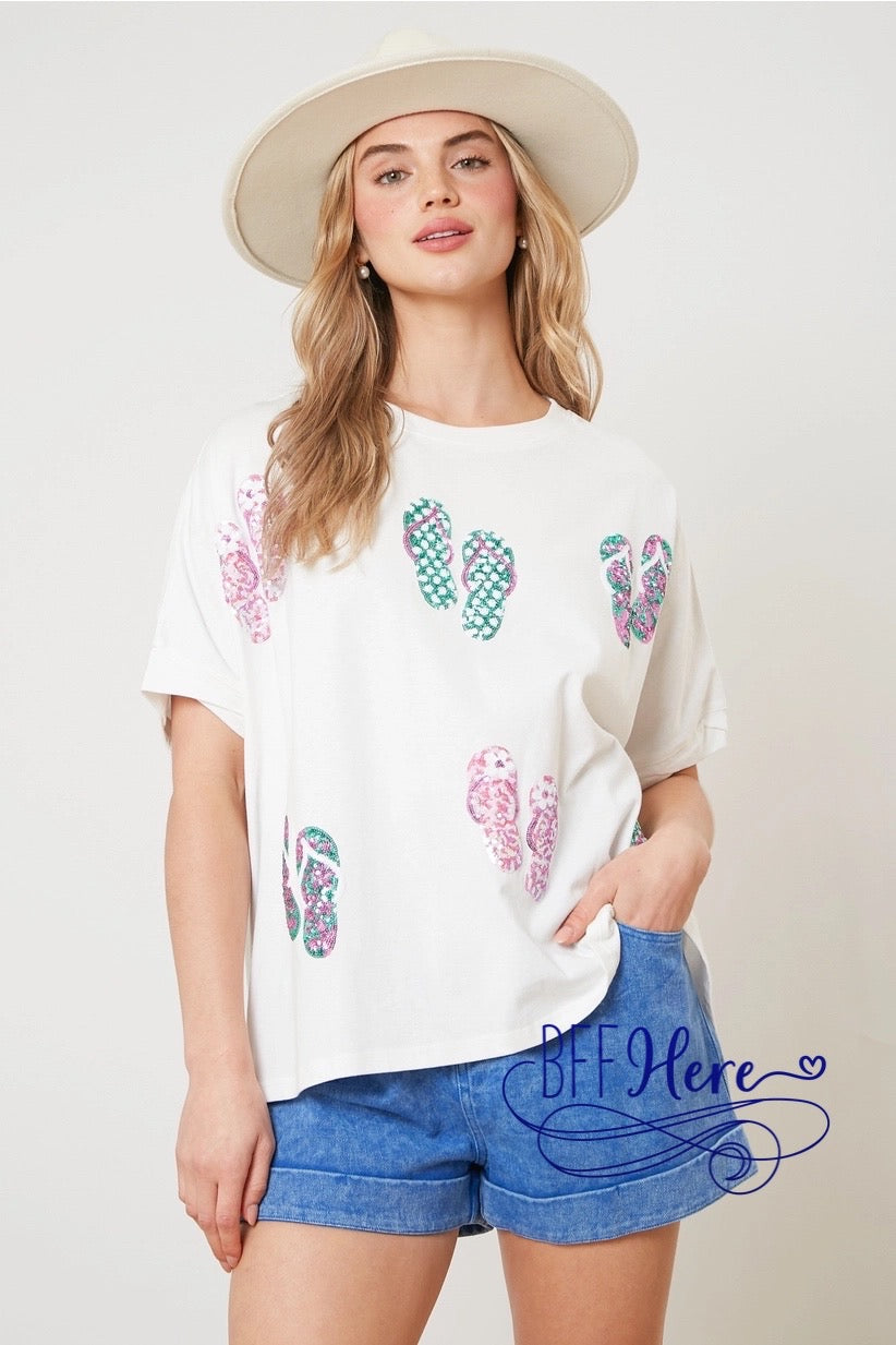 Glitter Beach: Sequin Flip Flop T-Shirt Magic - BFF Here