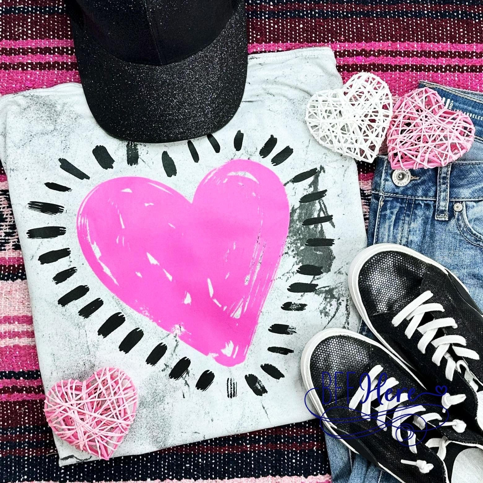 Glowing Affection: Neon Pink Heart on a Pigment-Dyed T-Shirt - BFF Here