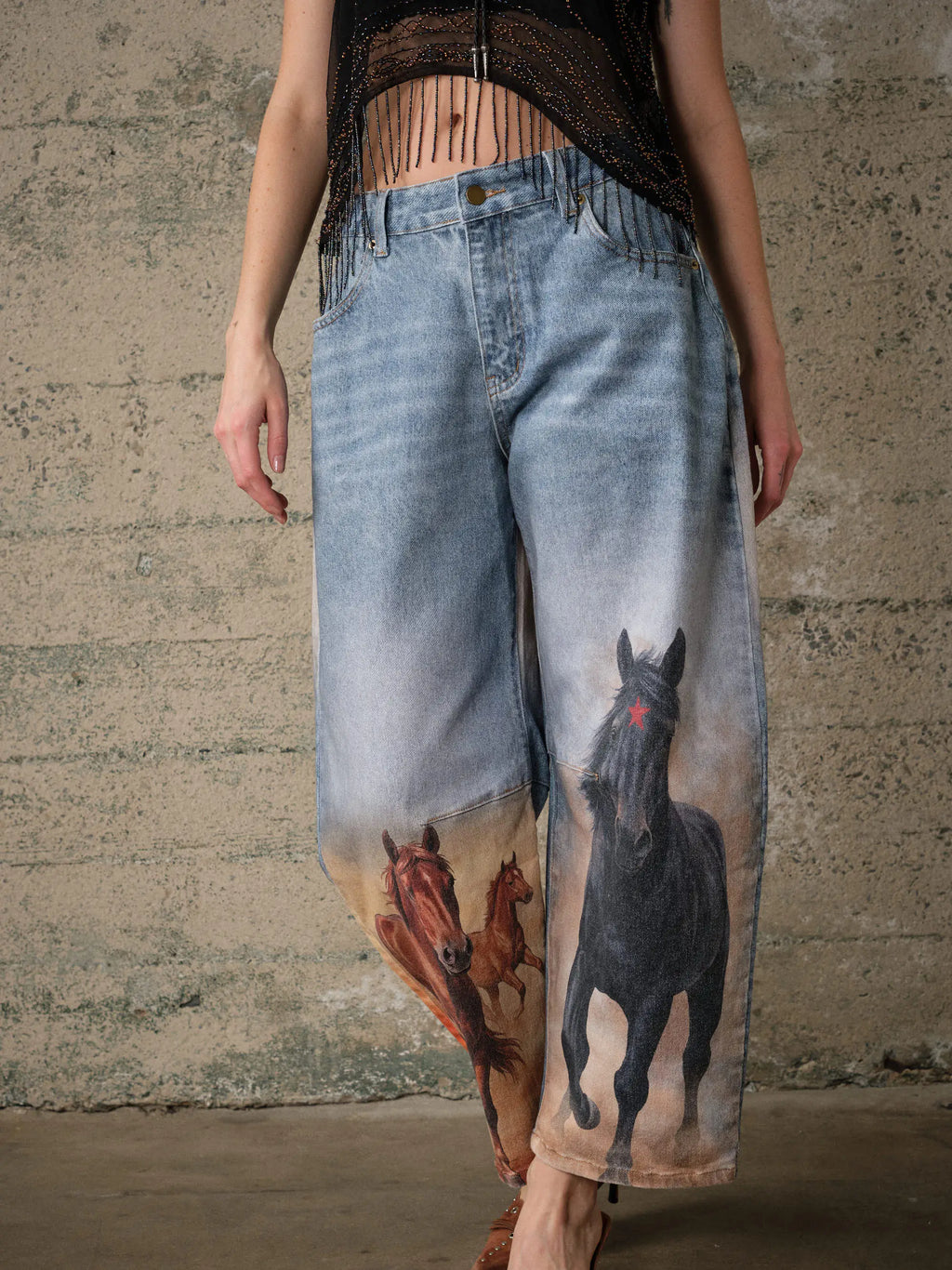 Horse Printed Barrel Leg Denim Pants by BlueB (ETA: August)