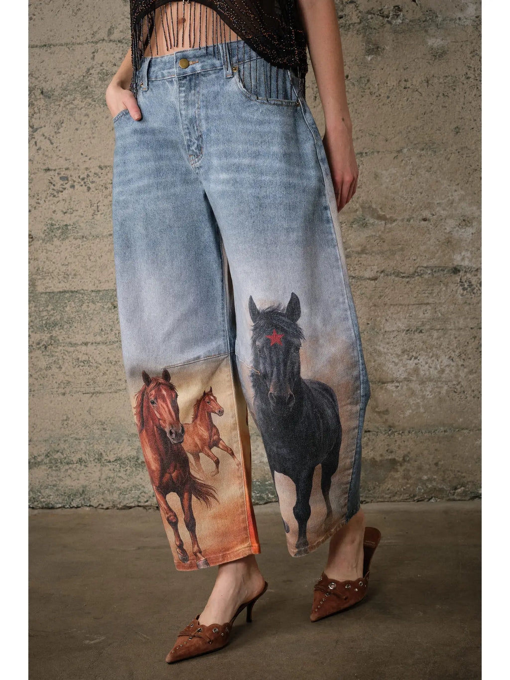 Horse Printed Barrel Leg Denim Pants by BlueB (ETA: August)