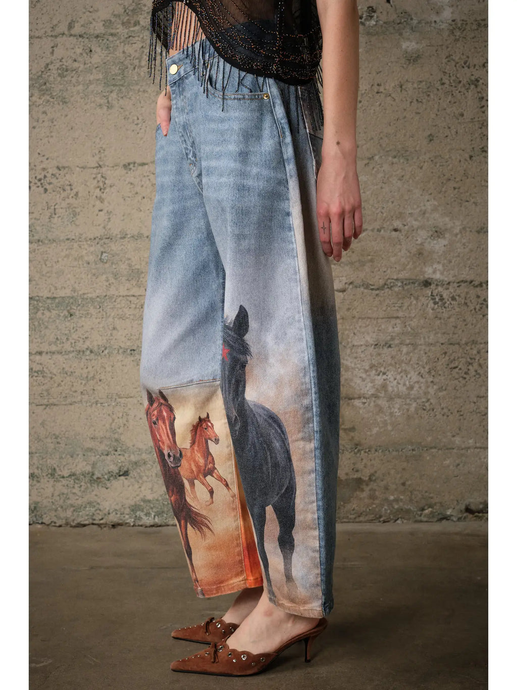 Horse Printed Barrel Leg Denim Pants by BlueB (ETA: August)