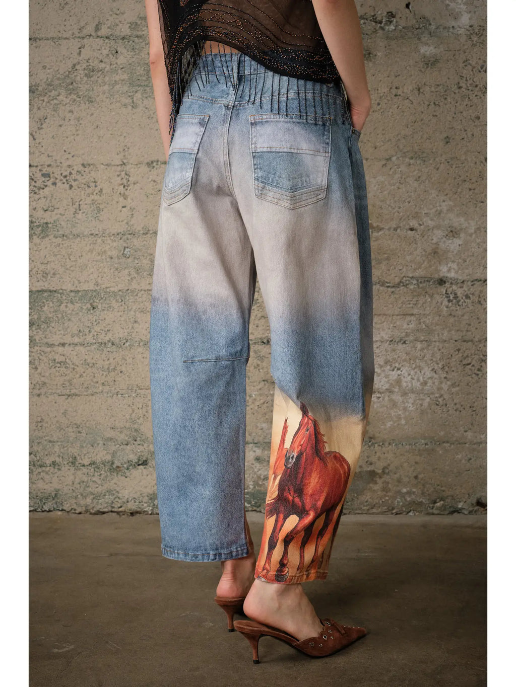Horse Printed Barrel Leg Denim Pants by BlueB (ETA: August)