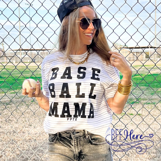 Home Run Mama: Striped Baseball Mama Tee - BFF Here