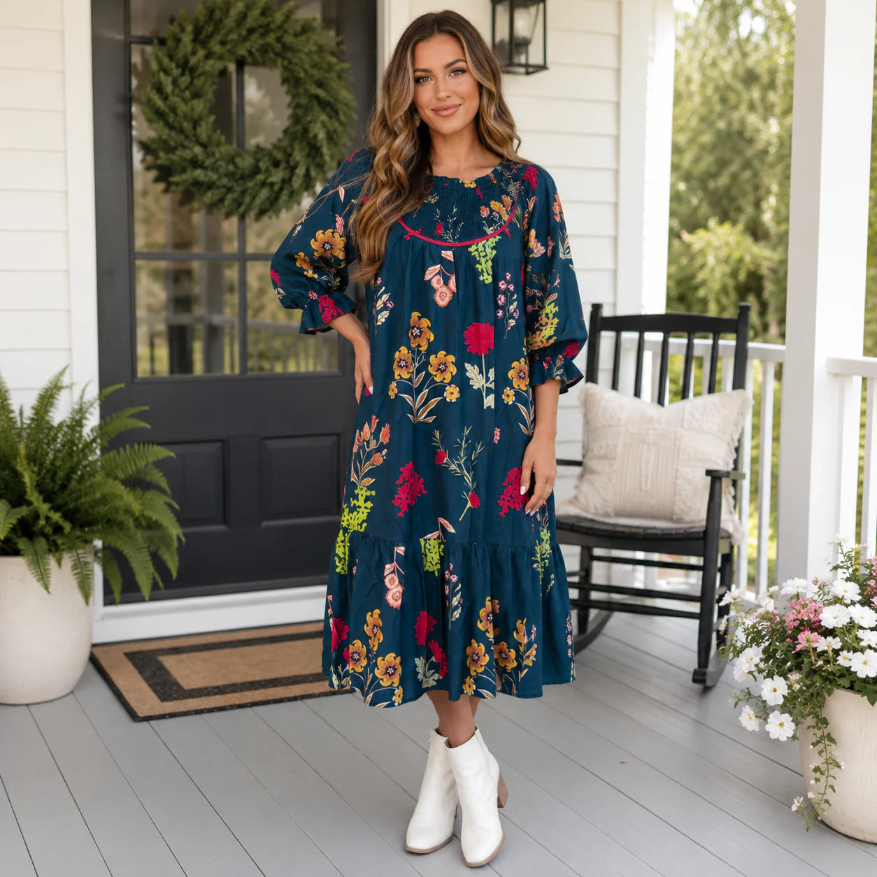 PREORDER: Navy Blossom Boho Midi Dress (ETA: August)