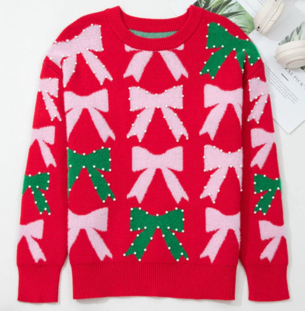 PREORDER: Holiday Pearl Bow Knit Sweater (ETA: August)