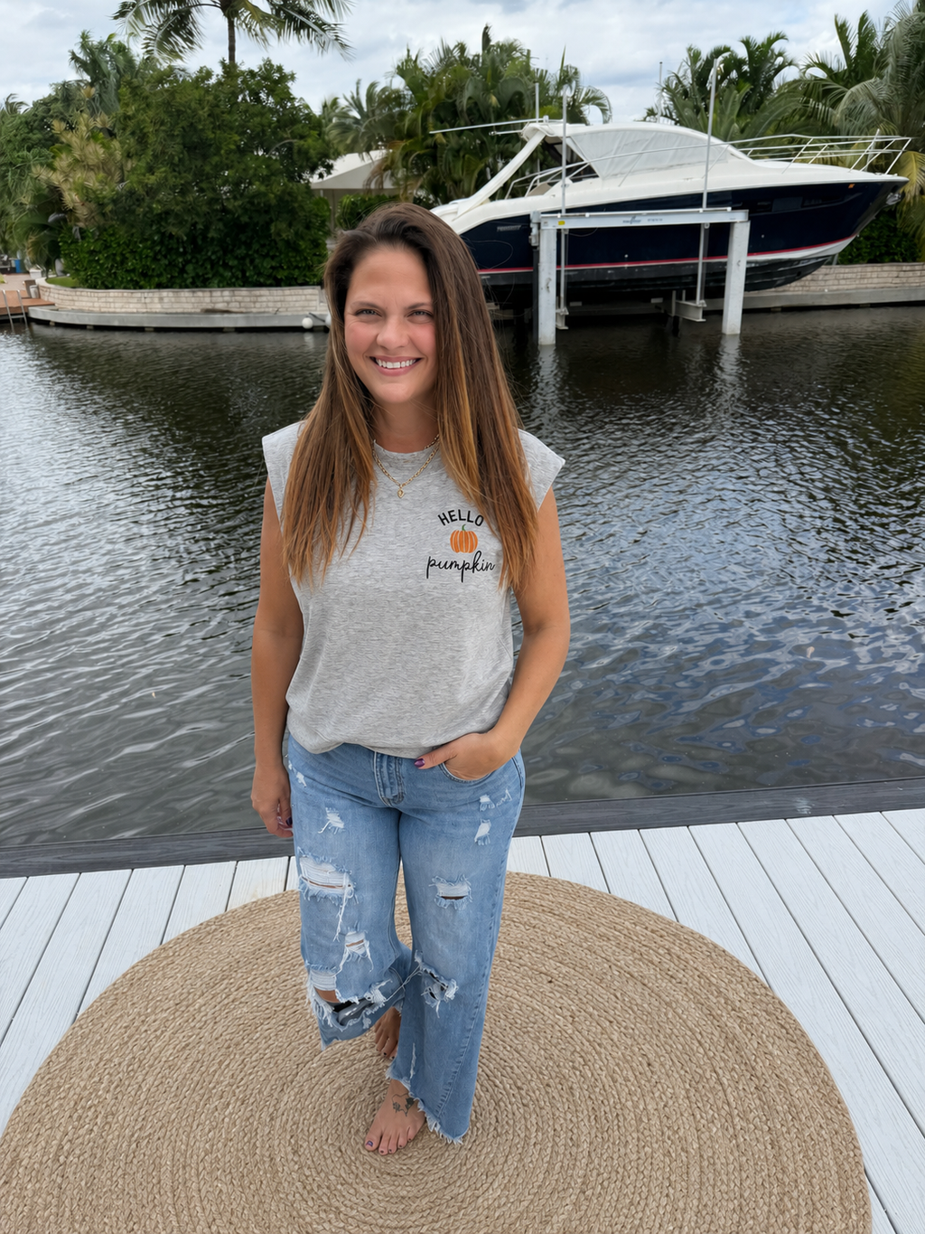 PREORDER: Hello Pumpkin Embroidered Muscle Tee (ETA: August)