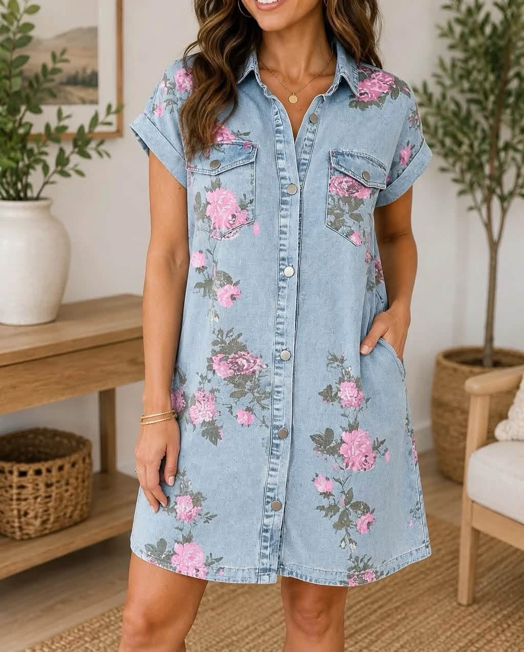 PREORDER: Floral Denim Button Front Shirt Dress (ETA: August)