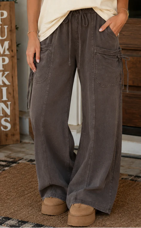 PREORDER: Dark Brown Mineral Wash Wide Leg Pants (ETA: August)