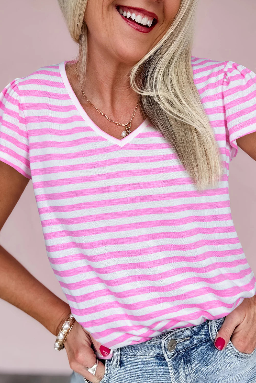 Bubblegum Stripe V-Neck Tee - BFF Here