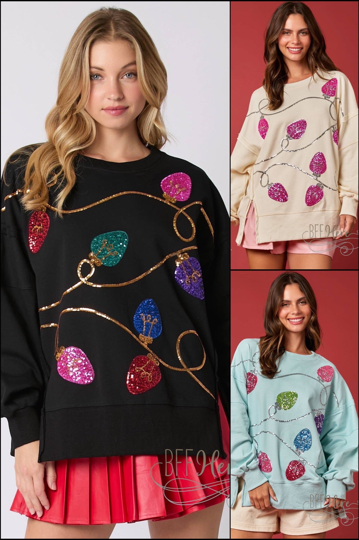 Festive Lights Sequin Sweatshirt / Choice of Color - BFF Here
