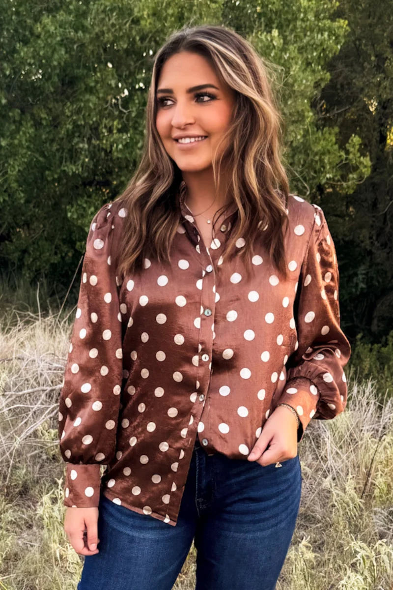 Mocha Dot Button Up by Sterling Kreek (Ships in 1-2 weeks)