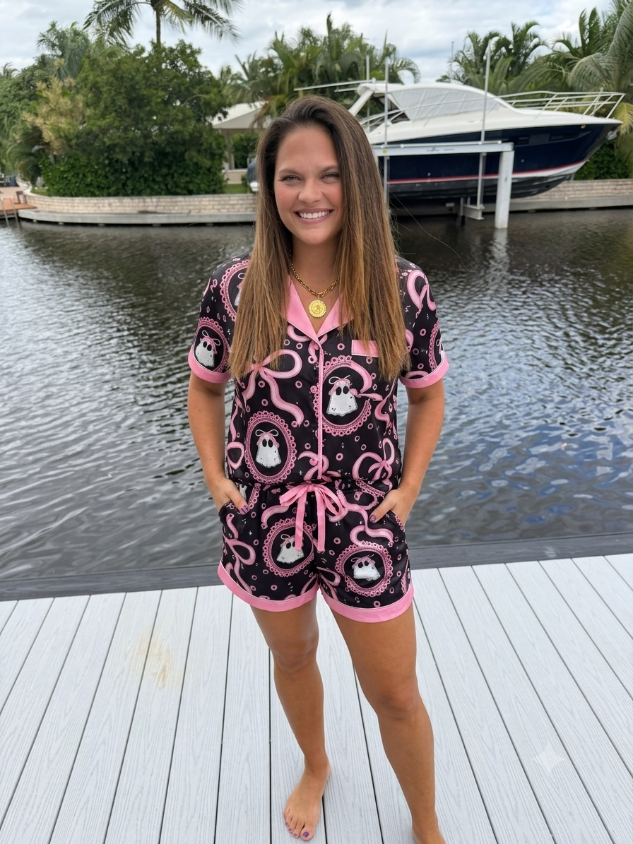 PREORDER: Fall Button Down PJ Set / Pink Ghost by Shirley& Stone (ETA: September)