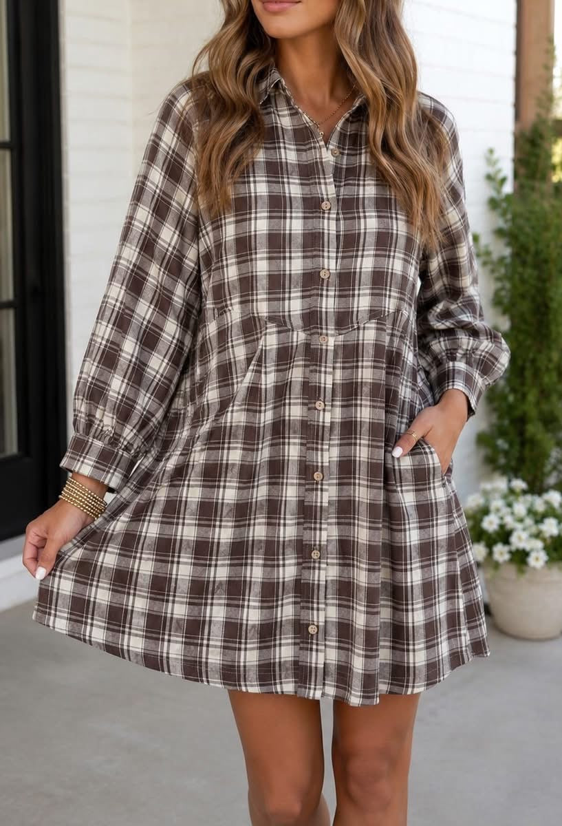 PREORDER: Cocoa Plaid Shirt Dress (ETA: September)