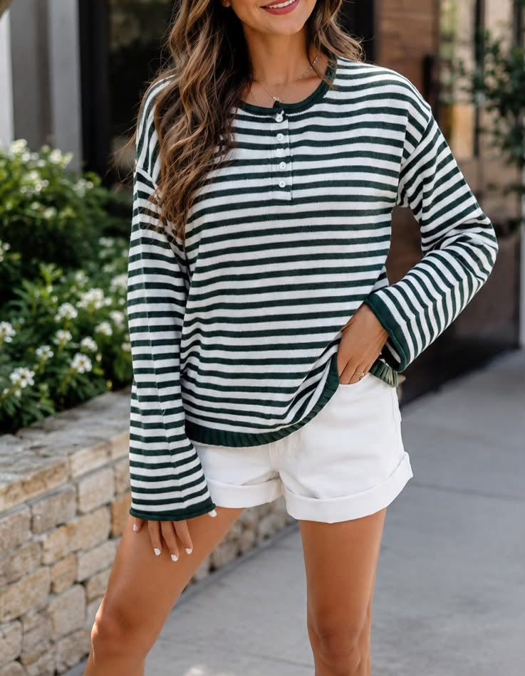 PREORDER: Evergreen Stripe Placket Sweater (ETA: September)