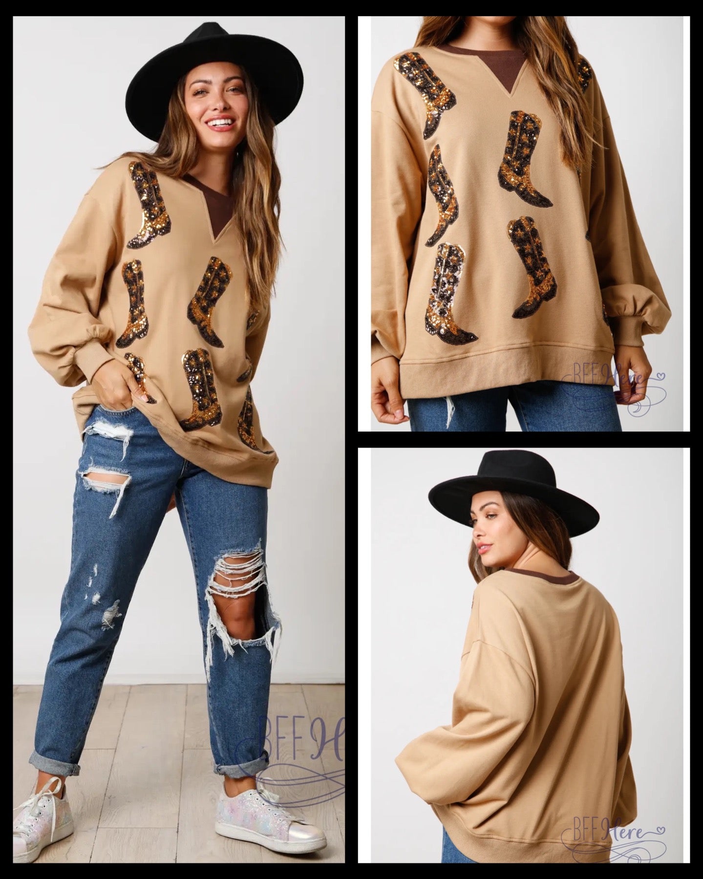 PREORDER: Sequin-Embellished Western Boot Color Block Pullover: Casual Meets Couture in Comfort (Ships Middle of September ) - BFF Here