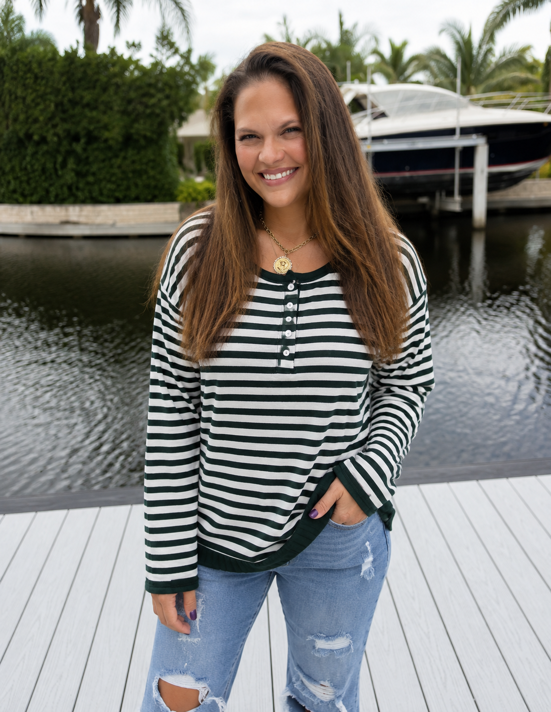 PREORDER: Evergreen Stripe Placket Sweater (ETA: September)