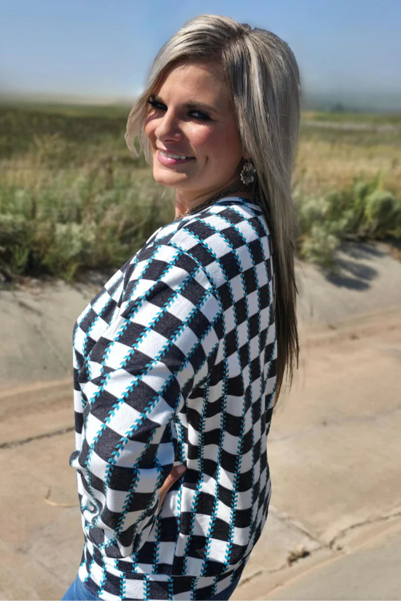 Checked In Turquoise Long Sleeve Top - BFF Here