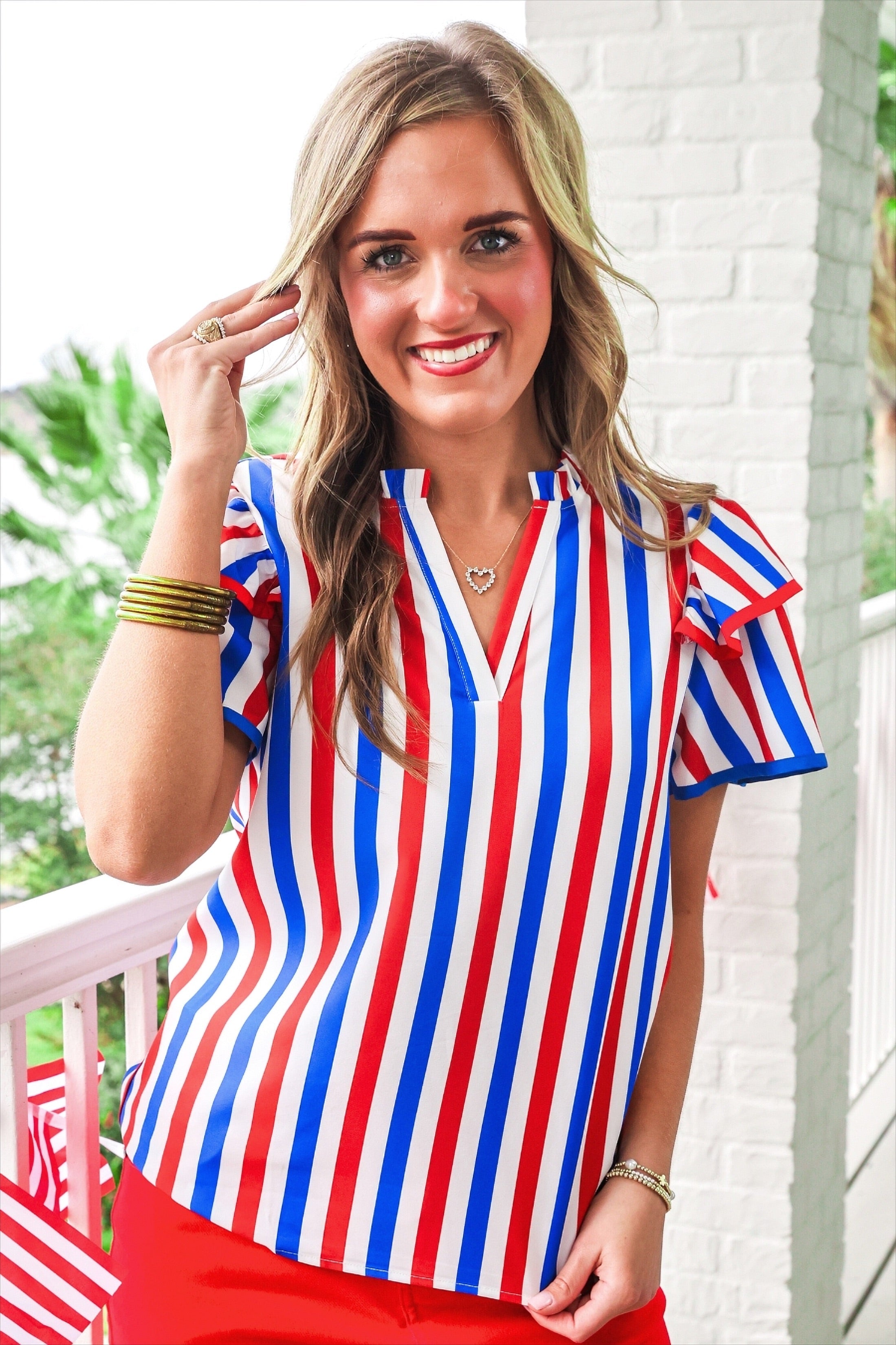 PREORDER- Kennedy Flutter Sleeve Blouse- Patriotic Stripes - BFF Here
