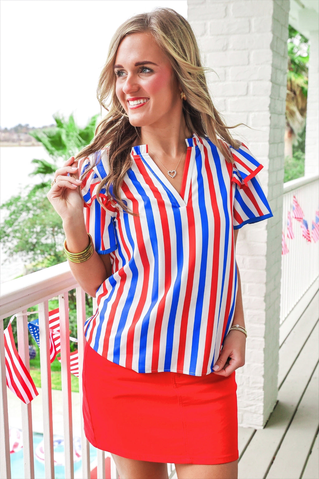 PREORDER- Kennedy Flutter Sleeve Blouse- Patriotic Stripes - BFF Here