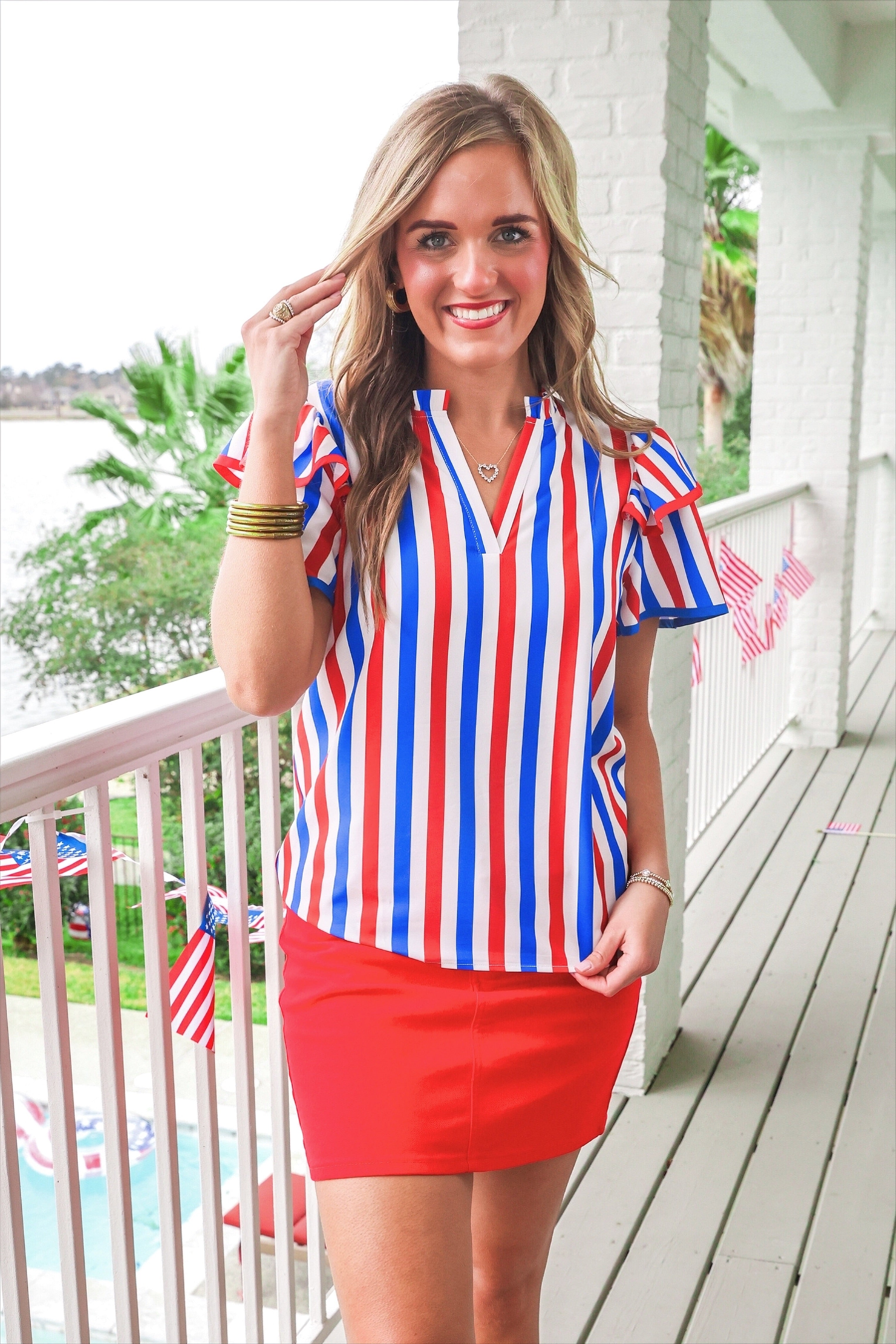 PREORDER- Kennedy Flutter Sleeve Blouse- Patriotic Stripes - BFF Here