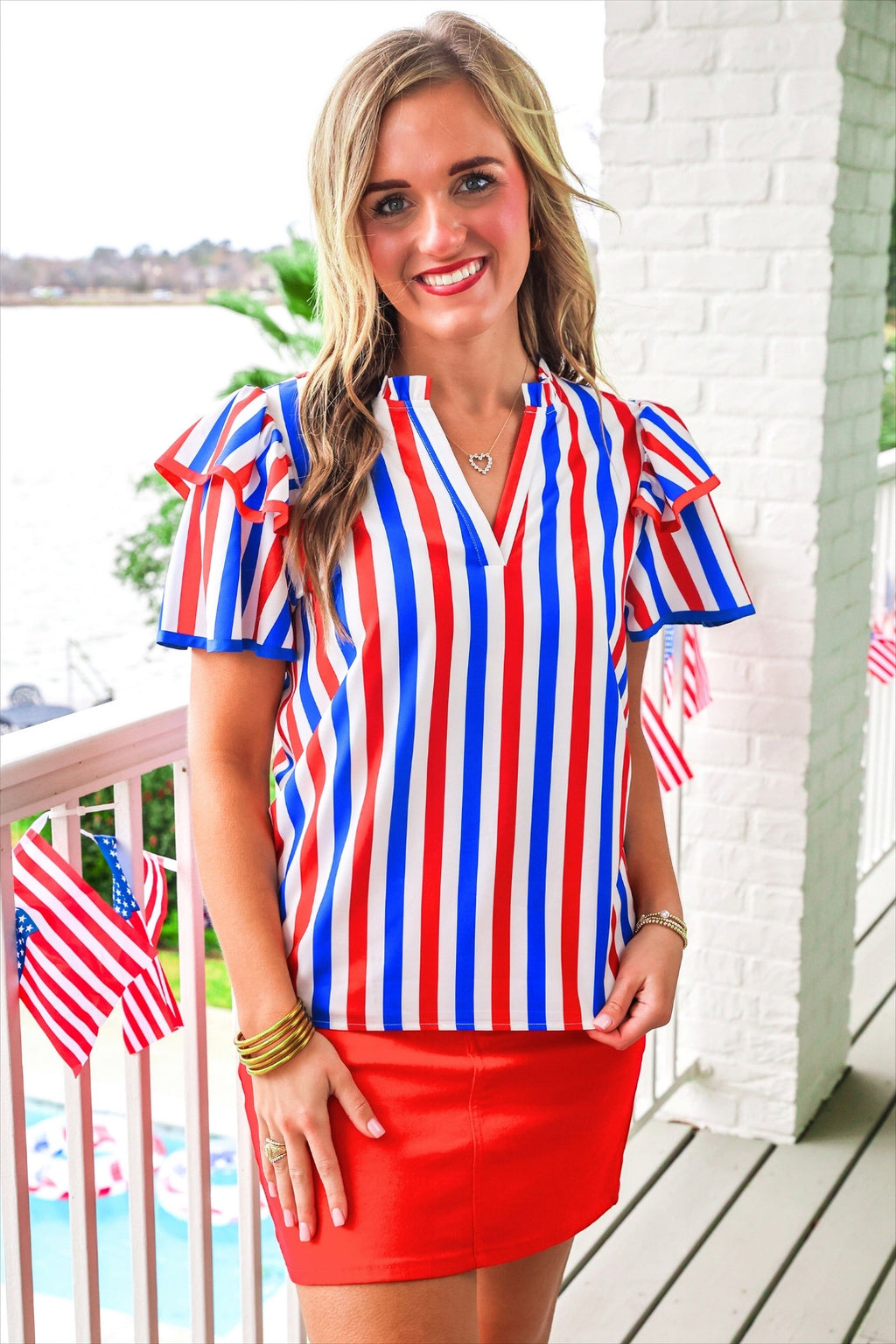 PREORDER- Kennedy Flutter Sleeve Blouse- Patriotic Stripes - BFF Here