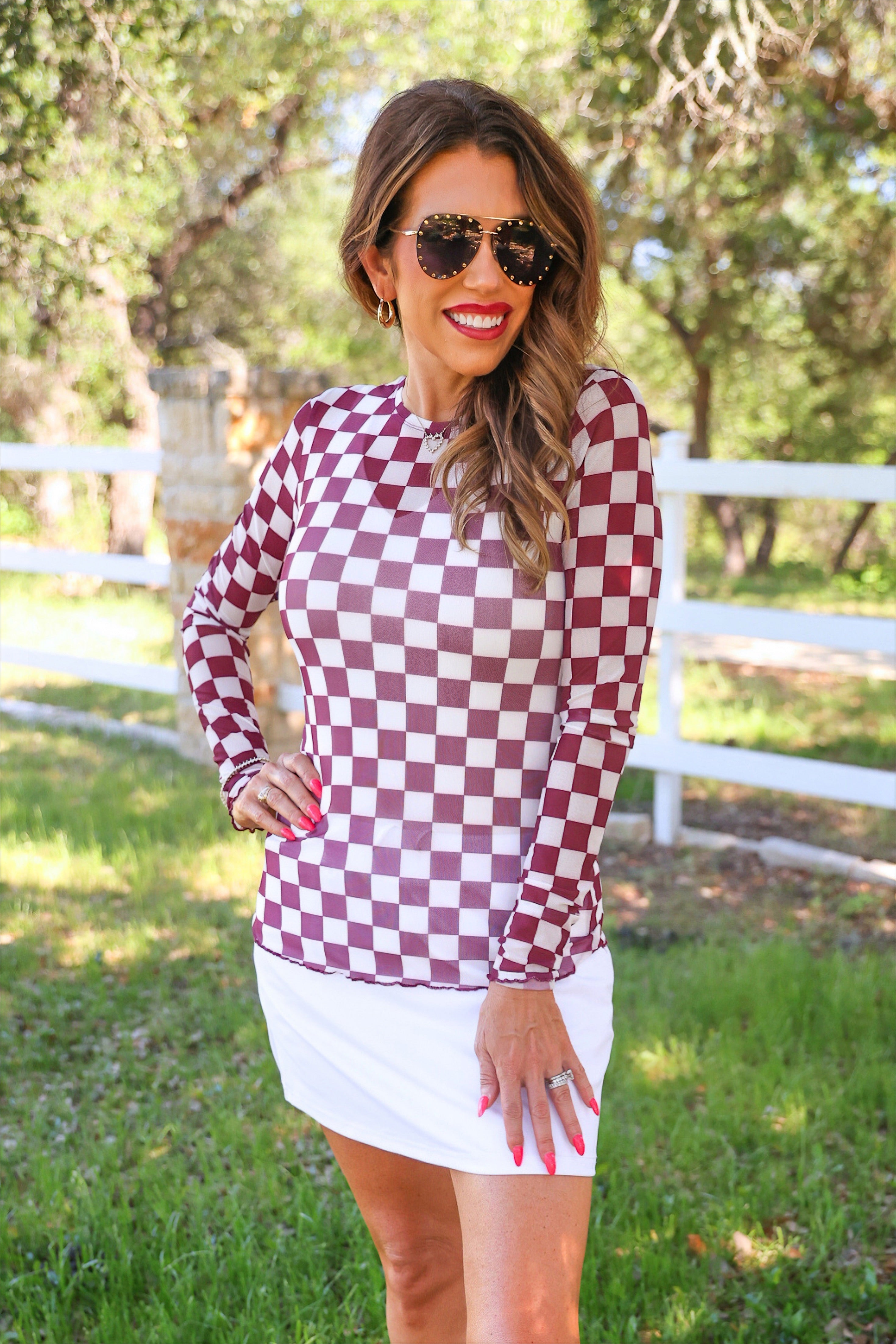 PREORDER: Alyssa Mesh Top / Maroon Checkered by Jess Lea (ETA: July)