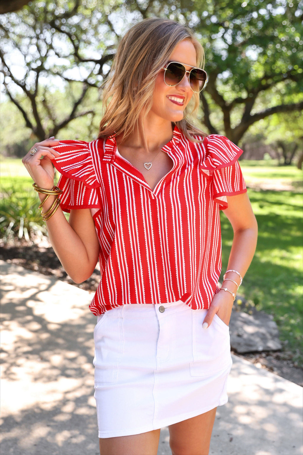 PREORDER: Layla Striped Flutter Sleeve Blouse / Red by Jess Lea (ETA: July)