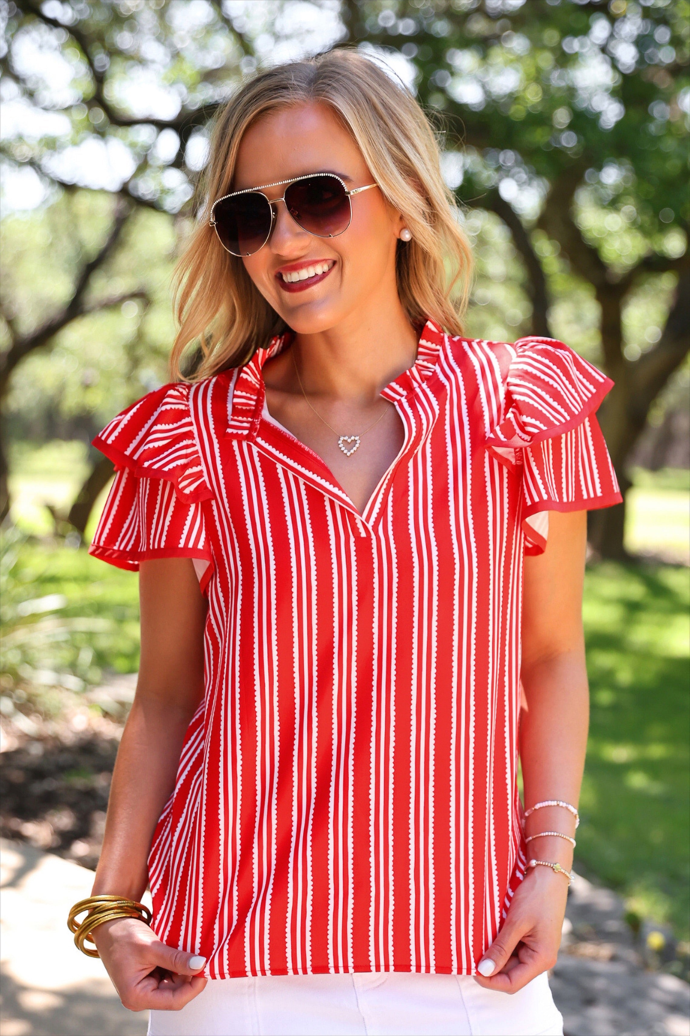 PREORDER: Layla Striped Flutter Sleeve Blouse / Red by Jess Lea (ETA: July)
