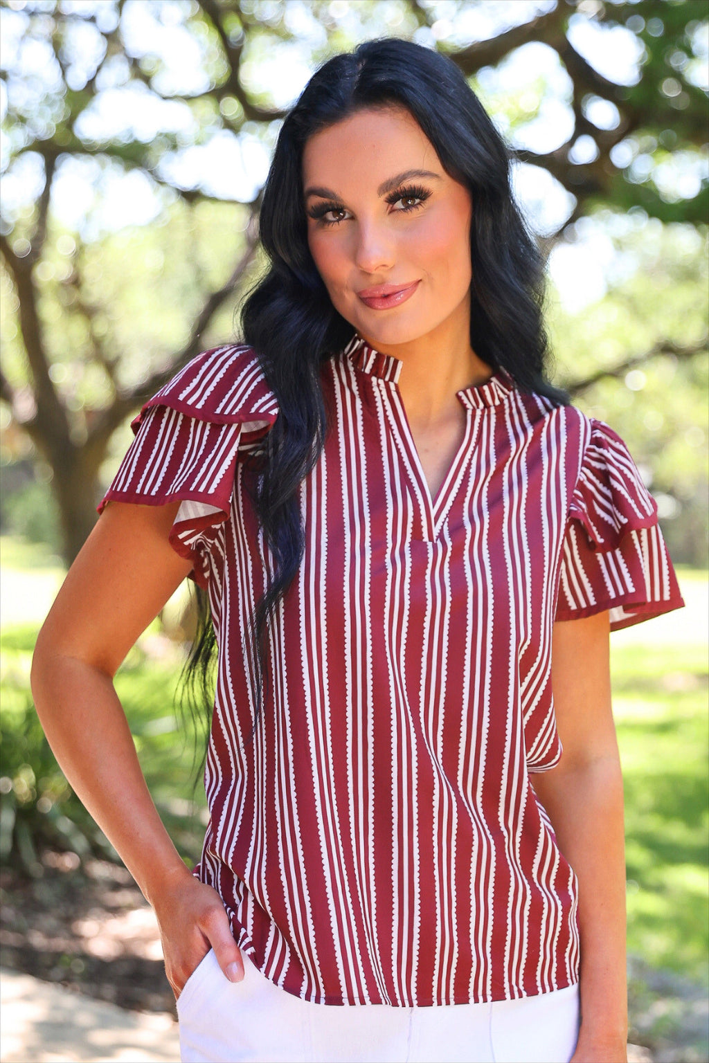 PREORDER:  Layla Striped Flutter Sleeve Blouse / Maroon by Jess Lea (ETA: July)