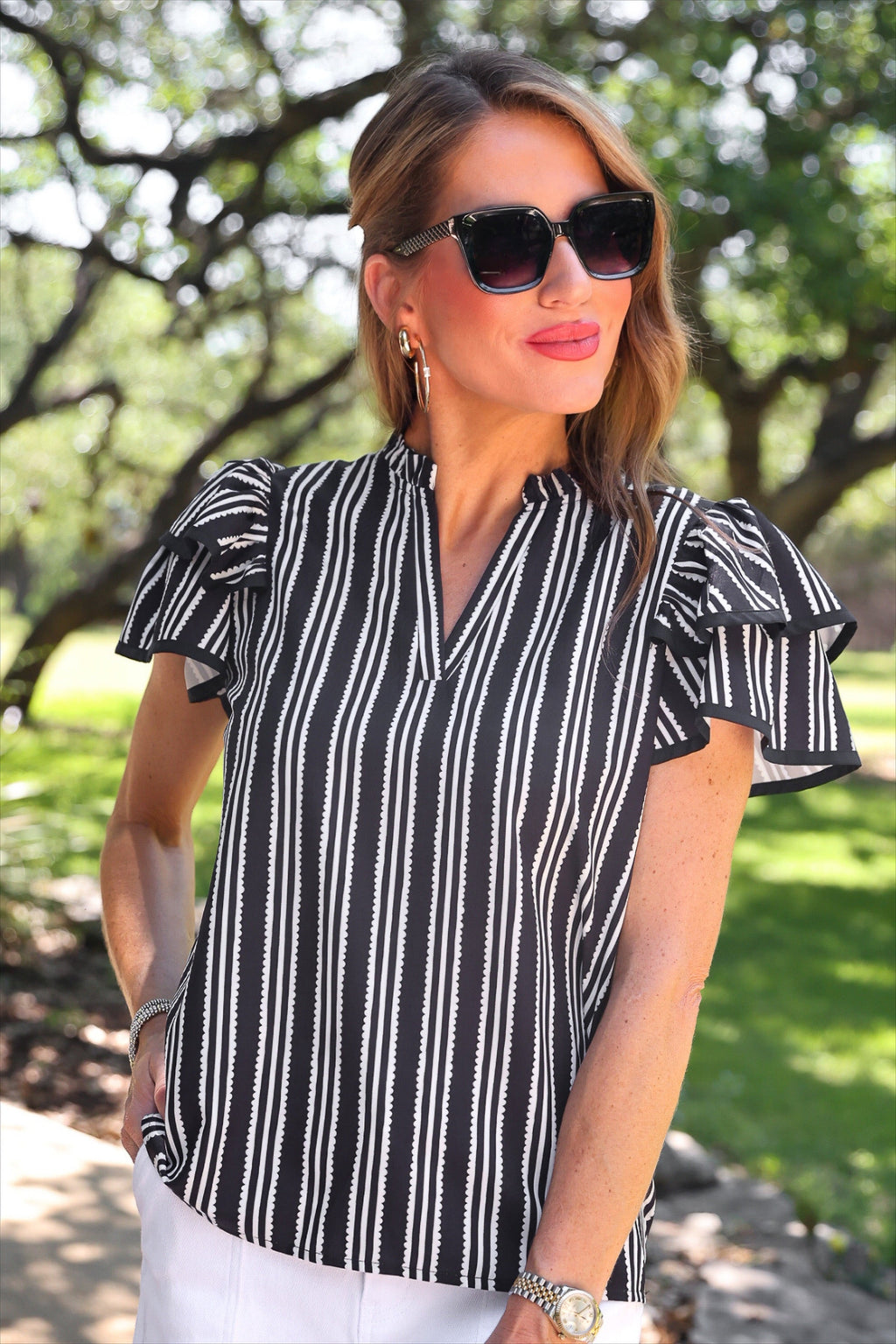 PREORDER: Layla Striped Flutter Sleeve Blouse / Black by Jess Lea (ETA: July)