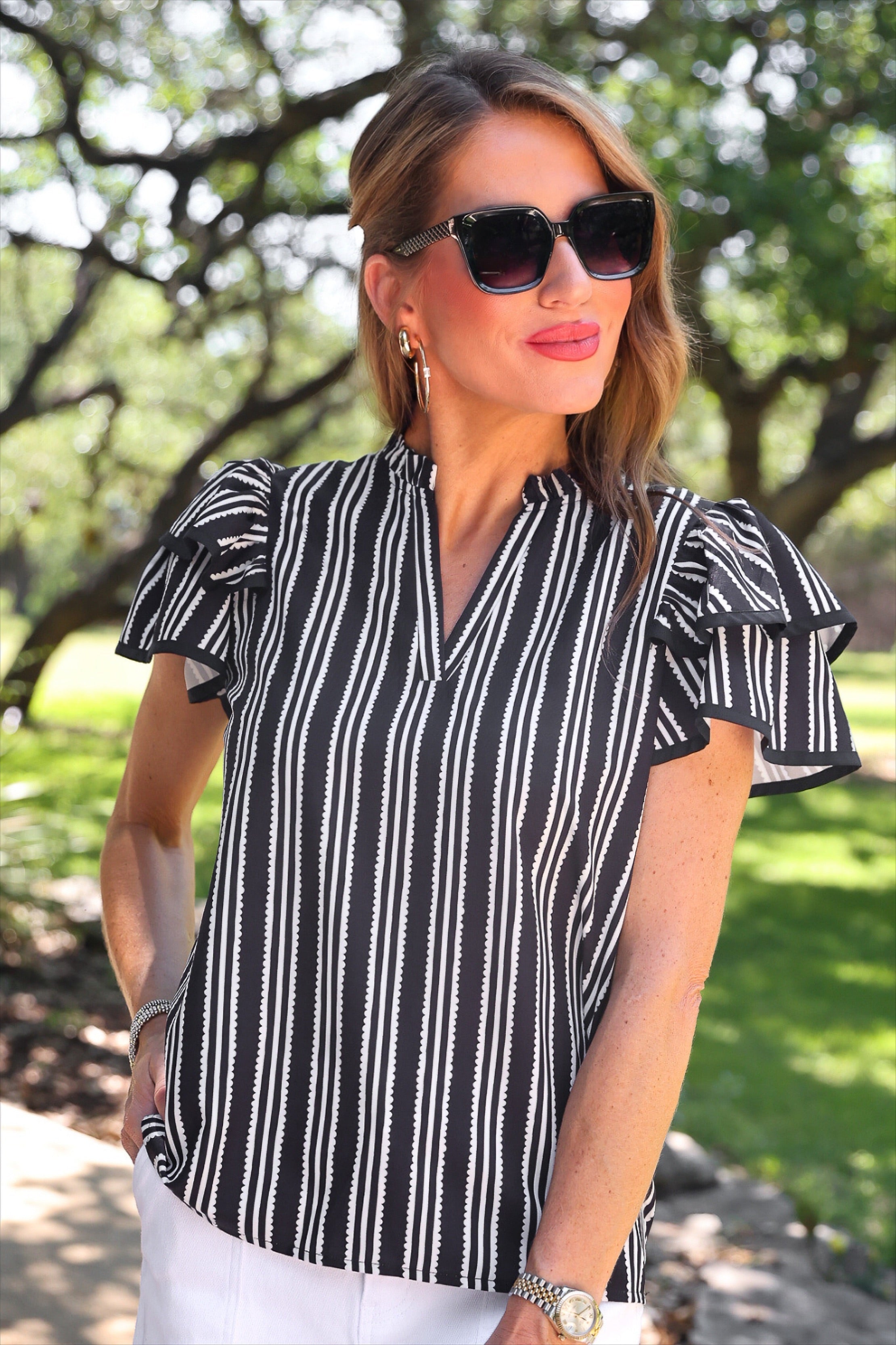 PREORDER: Layla Striped Flutter Sleeve Blouse / Black by Jess Lea (ETA: July)